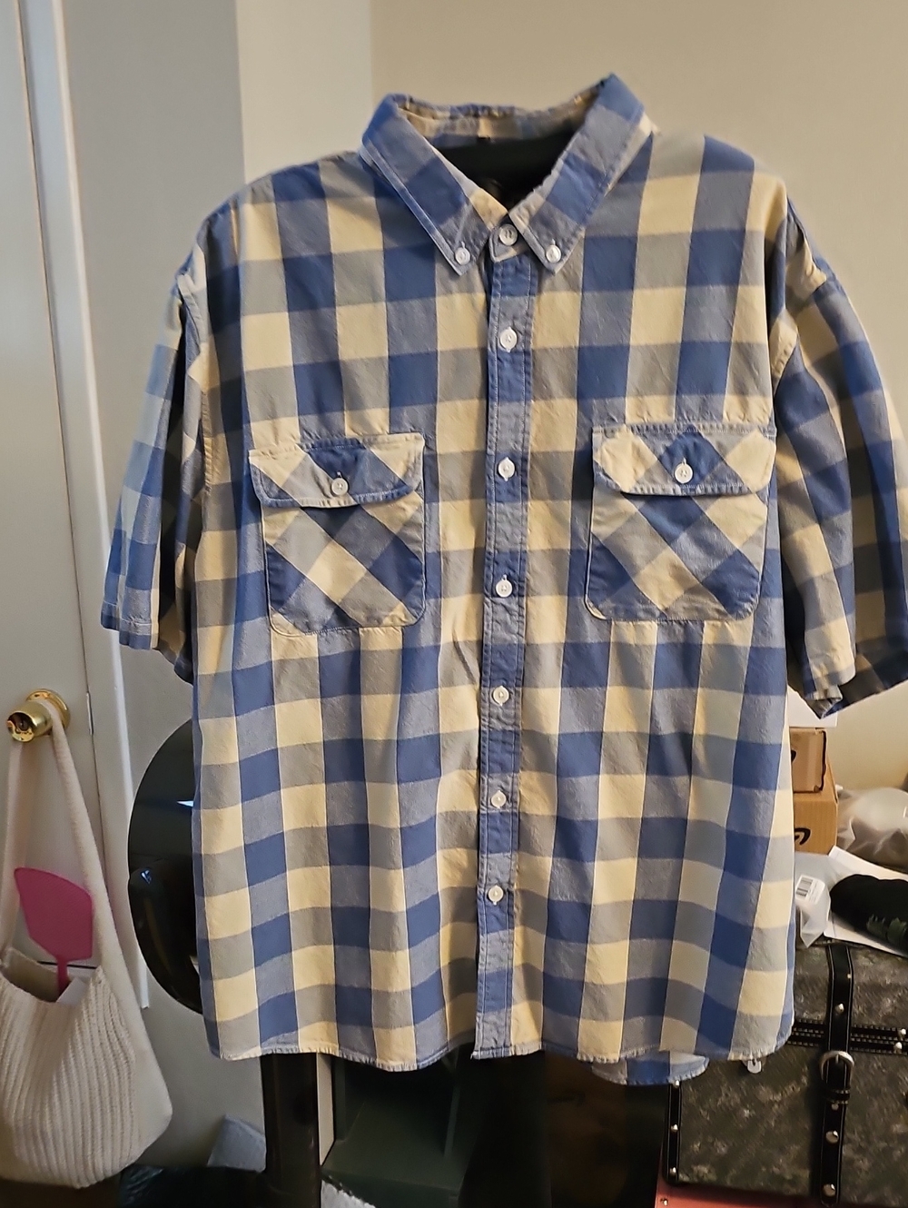 Men's Blue and Cream Check Button-Down Shirt